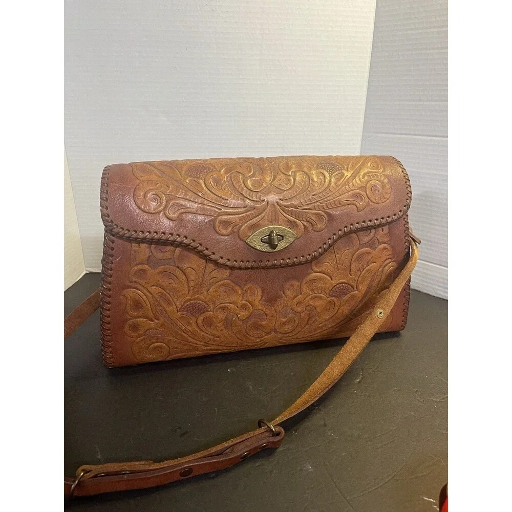 Vintage Hand tooled Leather Purse Messenger Cross Body Western Emo Stitching